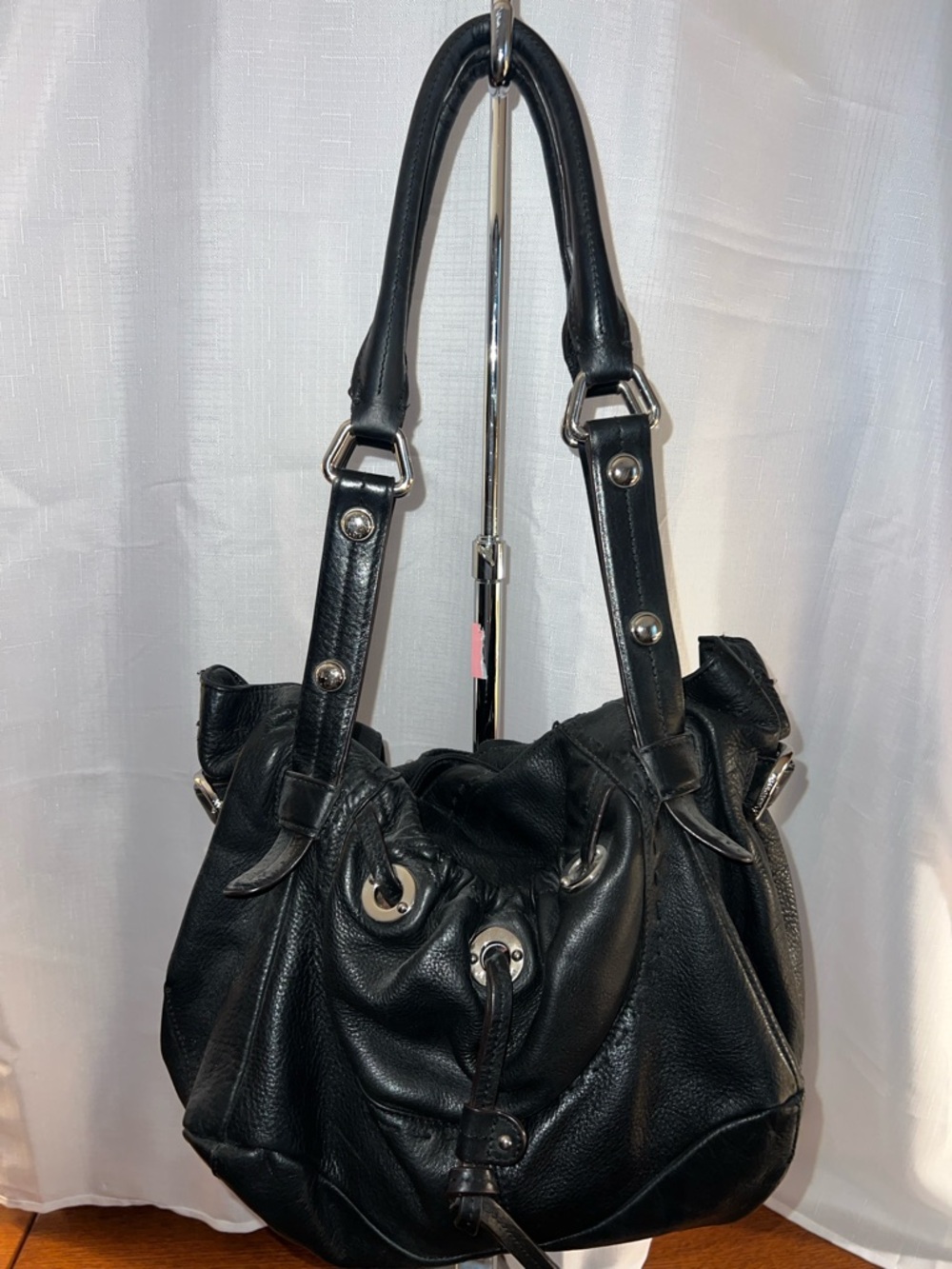 b. makowsky Black Pebbled Leather Shoulder Bag with Silver Hardware